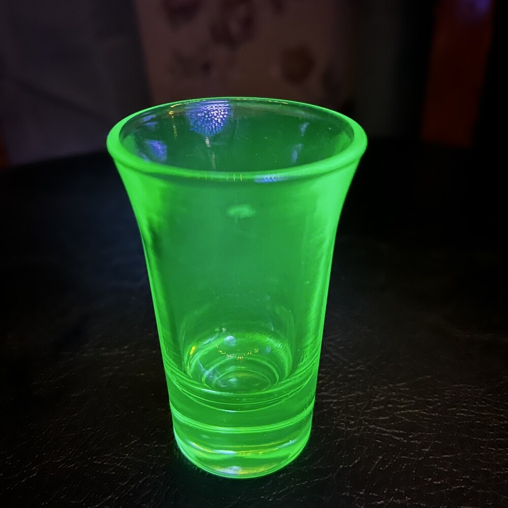 VTG Green Uranium Vaseline Glass Shot Glass Glow Retro Barware 2⅞" Solid Base